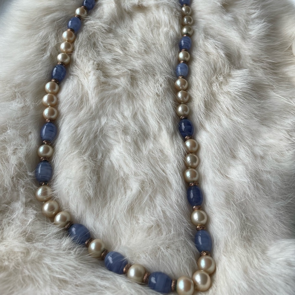 Les Bernard Inc Vintage Pearl & Blue Lace Agate Necklace